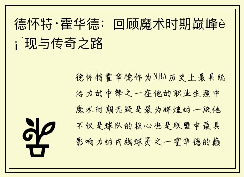 德怀特·霍华德：回顾魔术时期巅峰表现与传奇之路