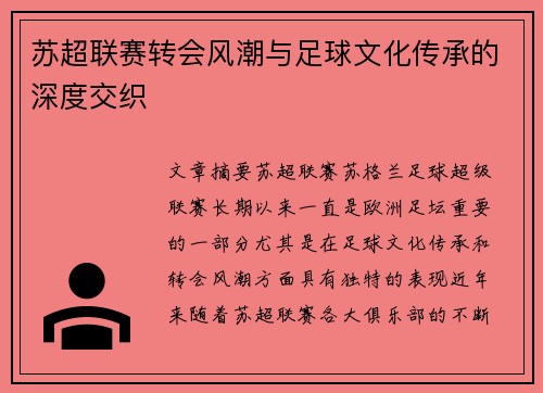 苏超联赛转会风潮与足球文化传承的深度交织