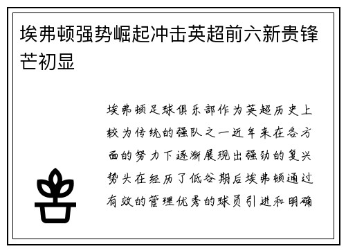 埃弗顿强势崛起冲击英超前六新贵锋芒初显